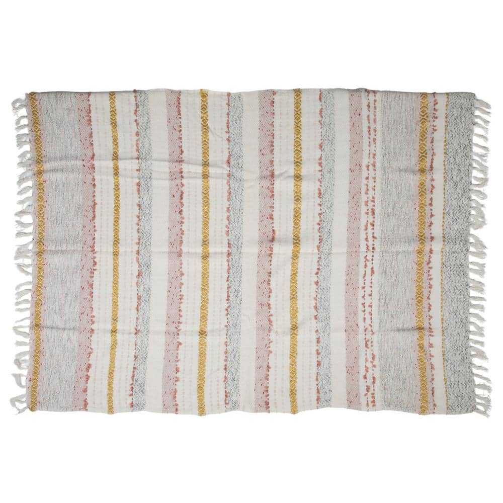 Multicolor Woven Cotton Striped and Embroidered Throw Blanket with Fringe