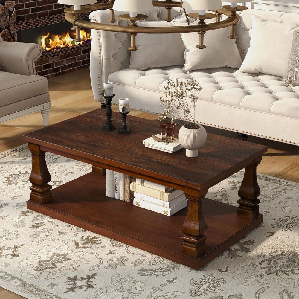 Farmhouse 46 in. Brown Rectangle Wood Coffee Table with Open Storage Shelf, Vintage Center Table, Walnut price history on PriceWatchPro