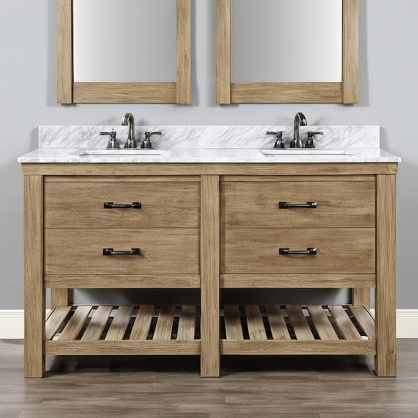 Home Decorators Collection Weathersby 61 in. Double Sink Bleached Pine  Bath Vanity with Carrara White Marble Top (Assembled)