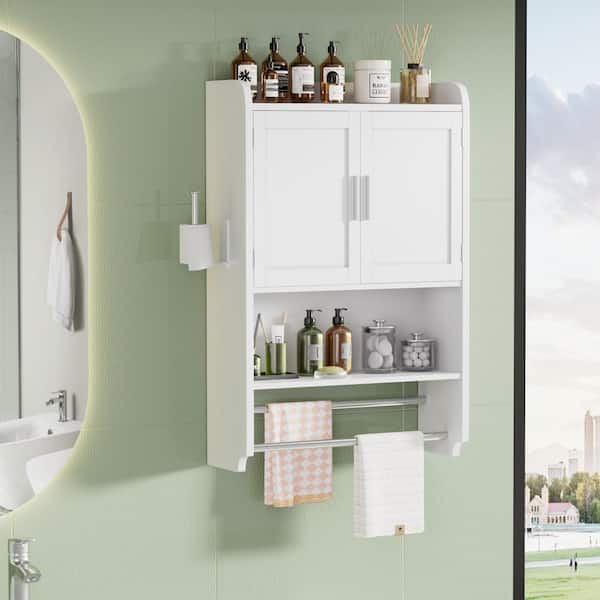 Bathroom Wall Cabinet with Adjustable Shelves and Towel Bar, White Wall Mounted 32.7 in. Storage Organizer
