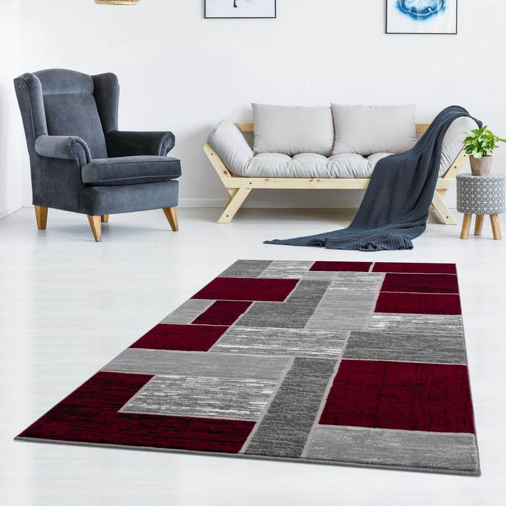 Retro Modern Red Geometric 5' x 7' Synthetic Area Rug