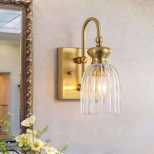 11.02 in.H 1-Light Brass Cylinder Bathroom Wall Sconce with Clear Ribbed Glass Shade