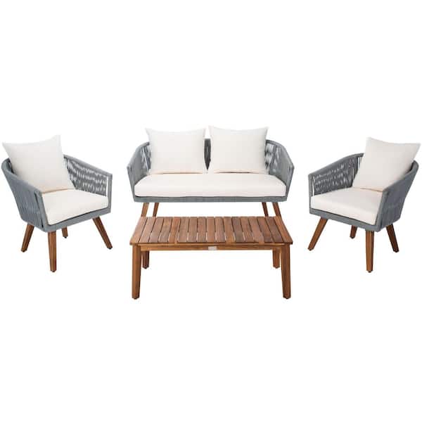 SAFAVIEH Velso Gray 4-Piece Wood Patio Conversation Set with Beige Cushions