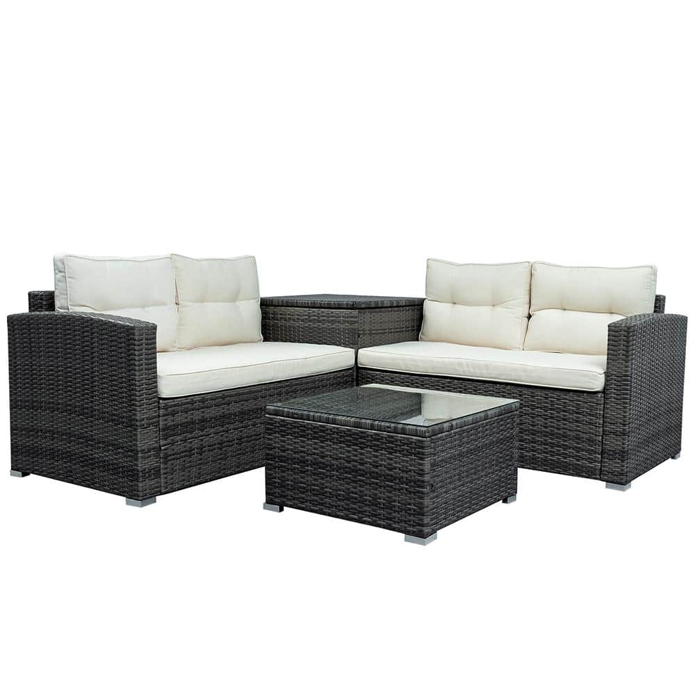 4-Piece Wicker Patio Conversation Set Outdoor Sectional Sofa Set with Beige