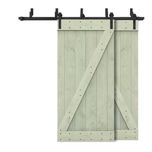 92 in. x 84 in. Z-Bar Bypass Sage Green Stained DIY Solid Wood Interior Double Sliding Barn Door with Hardware Kit