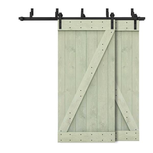 CALHOME 96 in. x 84 in. Z-Bar Bypass Sage Green Stained DIY Solid Wood Interior Double Sliding Barn Door with Hardware Kit