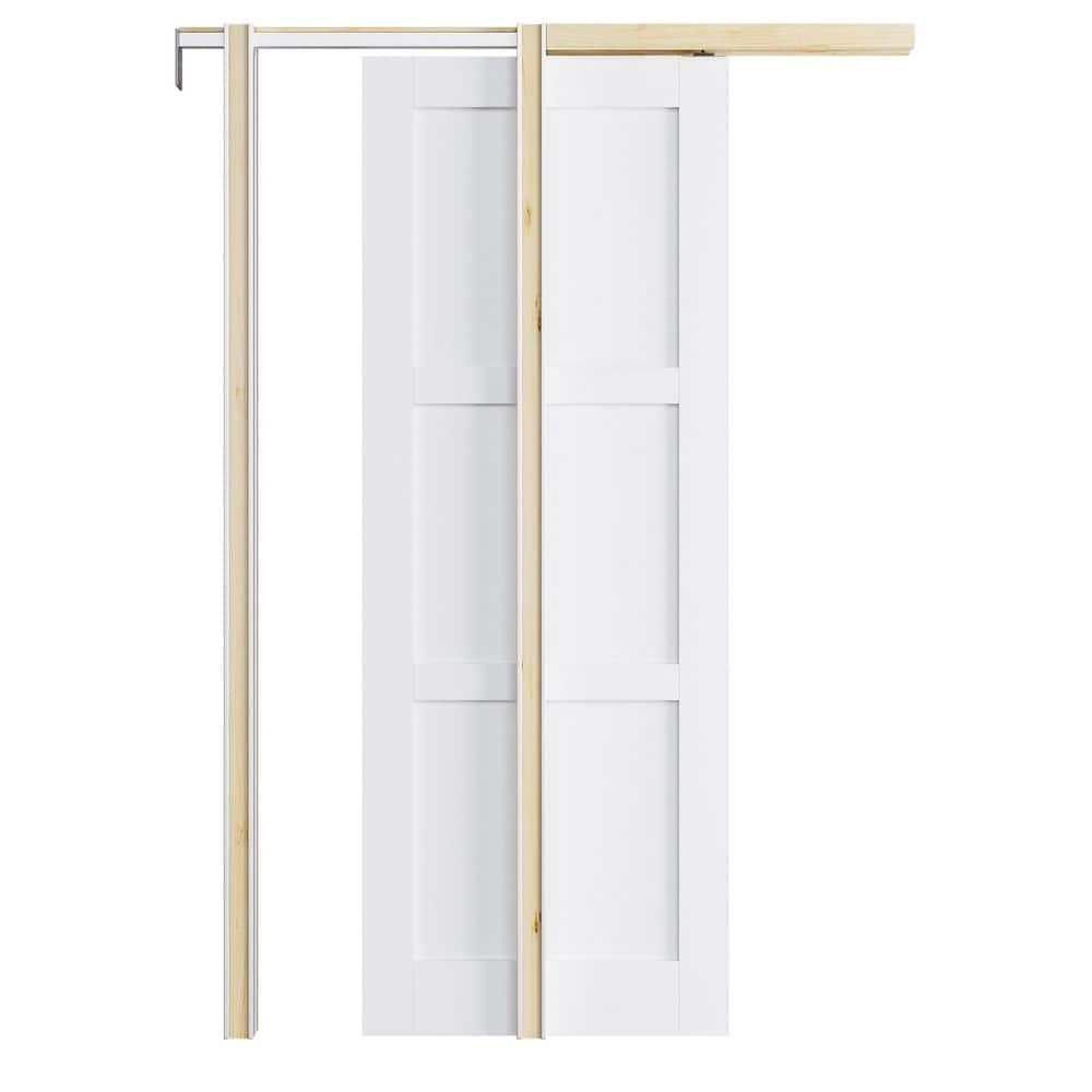 28 in. x 96 in. Paneled 3-Lite White Primed Wood Sliding Pocket Door with Pocket Door Hardware Kit (Soft Close Included) price history on PriceWatchPro