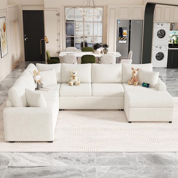 112 in. Chenille Sectional Sofa in Cream with Pull-out Sofa Bed Sleeper, Storage Ottoman, 3 Pillows and Charging Devices