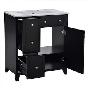 30 in. x 18 in. x 34 in. Bath Vanity Freestanding Storage Cabinet in Black with White Caremic Top, Double-Layer Drawer