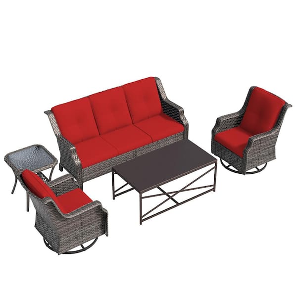 5-Piece Steel Wicker Patio Conversation Deep Seating Set with Swivel Chairs, Red Cushions