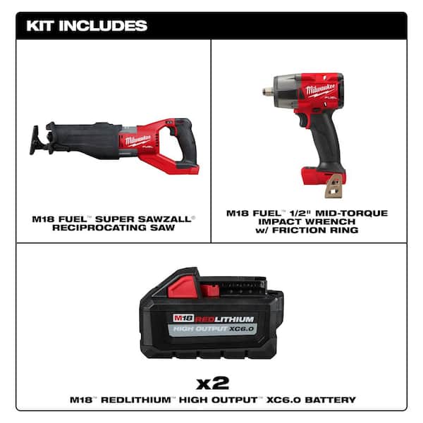 M18 FUEL 18V Lith-Ion Brushless Cordless Super SAWZALL Reciprocating Saw w/Impact Wrench & 2 High Output 6.0Ah Battery