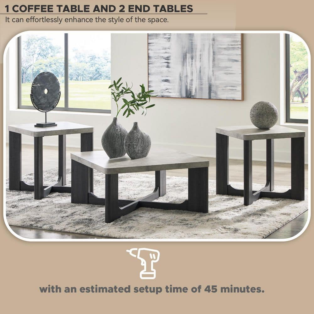 Gray Square Faux Cement and Wood Coffee Table Set