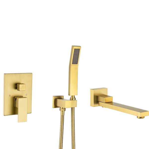 Tahanbath Single Handle 2-Spray 1.8 GPM Waterfall Bathtub Swivel Tub and Shower Faucet with Hand Shower in Brushed Gold