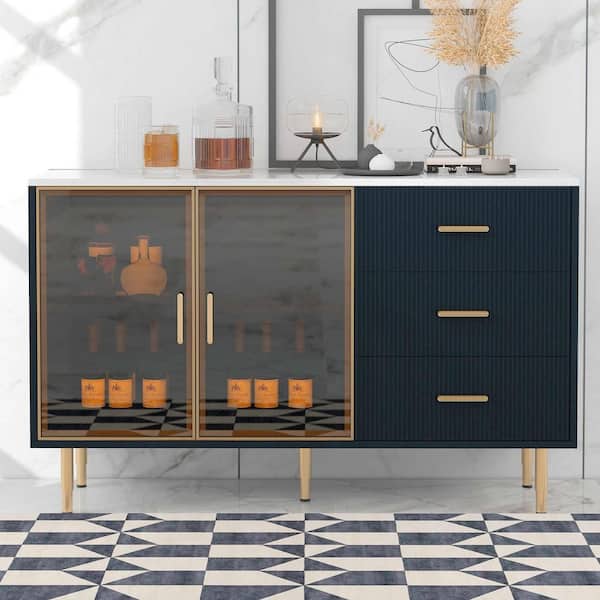 Navy Blue MDF Buffet Cabinet with Marble Sticker Tabletop, Glass Doors, Gold Metal Legs and Handles