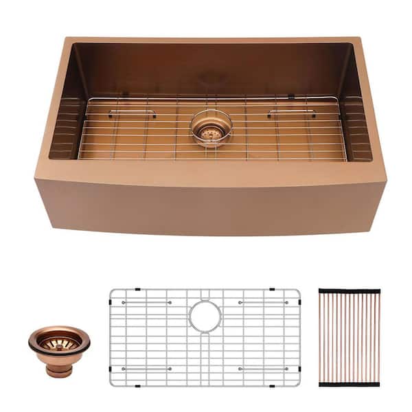 33 in. Apron Front Single Bowl 16 Gauge Stainless Steel Farmhouse Kitchen Sink with Drain, Rolling Drying Rack Rose Gold