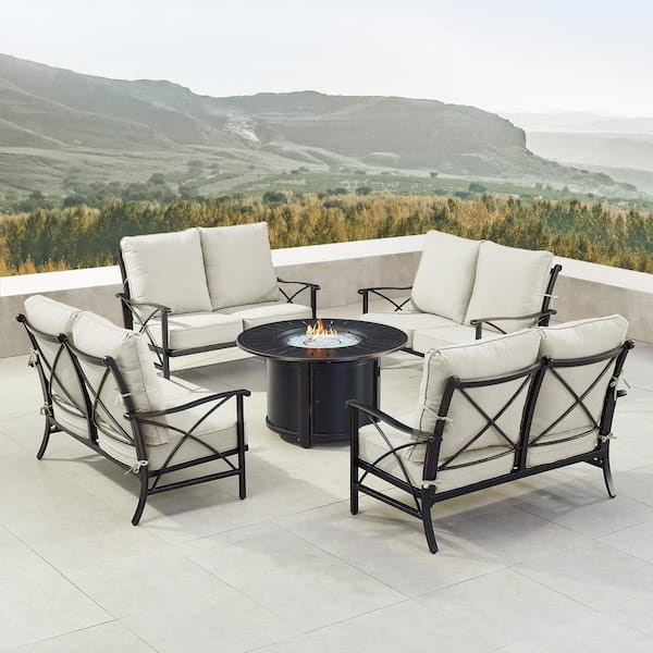Oakland Living Black Aluminum Fire Table Set with 4-Deep Seating Loveseats
