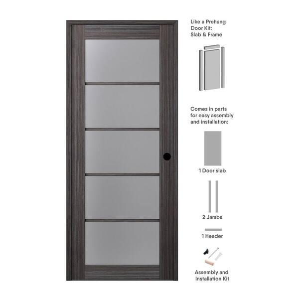 Belldinni 18 in. x 96 in. Paola Left-Hand Solid Core 5-Lite Frosted Glass Gray Oak Wood Composite Single Prehung Interior Door