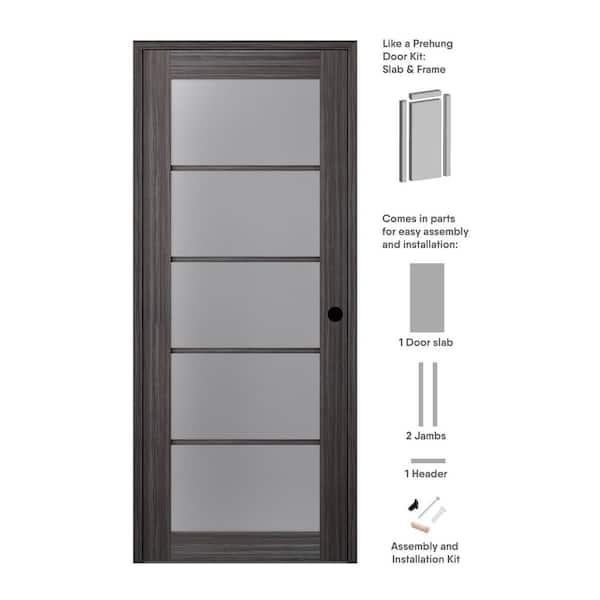 Belldinni 32 in. x 96 in. Paola Left-Hand Solid Core 5-Lite Frosted Glass Gray Oak Wood Composite Single Prehung Interior Door