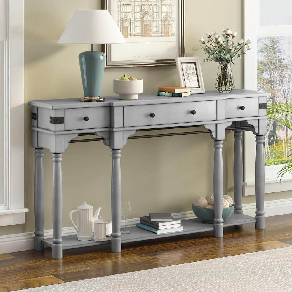 Harper & Bright Designs 60 In. Antique Gray Rectangle Wood Top Console 