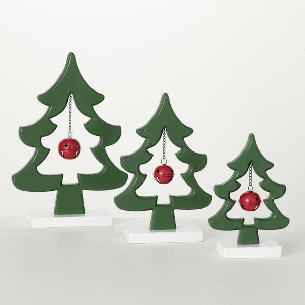 SULLIVANS 8.5", 11" & 13.25" Christmas Tree With Bell Silhouette Set of 3, Green-Red
