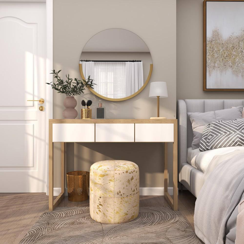 Elegant Gold Leather Round Pouf with Handmade Patchwork Design