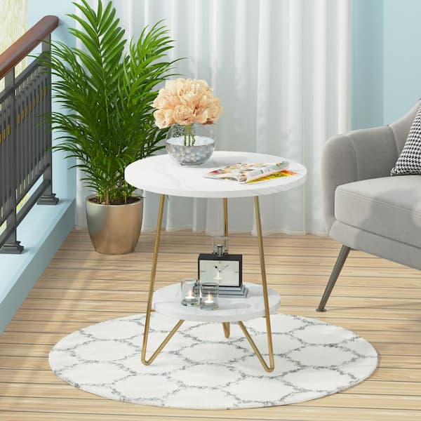 Kerlin 18.7 in. White and Gold Round Faux Marble End Table, 2 Tier Round Side Table with Shelves