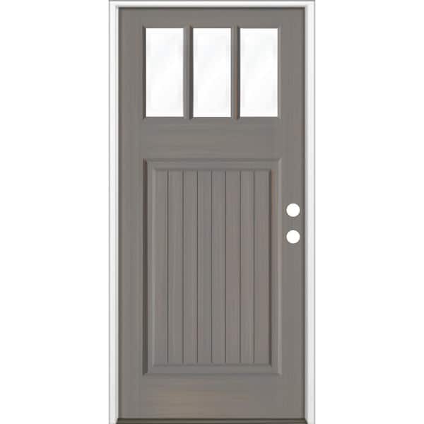 36 in. x 80 in. Craftsman 3 Lite V Groove Grey Stain Left-Hand/Inswing Hemlock Prehung Front Door
