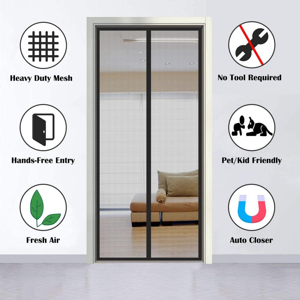 34" x 82" Black Fiberglass Magnetic Screen Door with Heavy Duty Mesh
