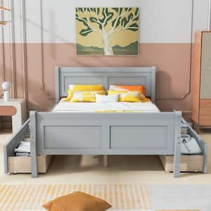 Gray Wood Frame Full Size Platform Bed with 4 Storage Drawers on Each Side and Additional Slats Support Legs