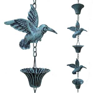 8.5 ft. Outdoor Metal Hummingbird and Cup Rain Chains for Gutters, Functional Replacement for Downspout, Antique Blue