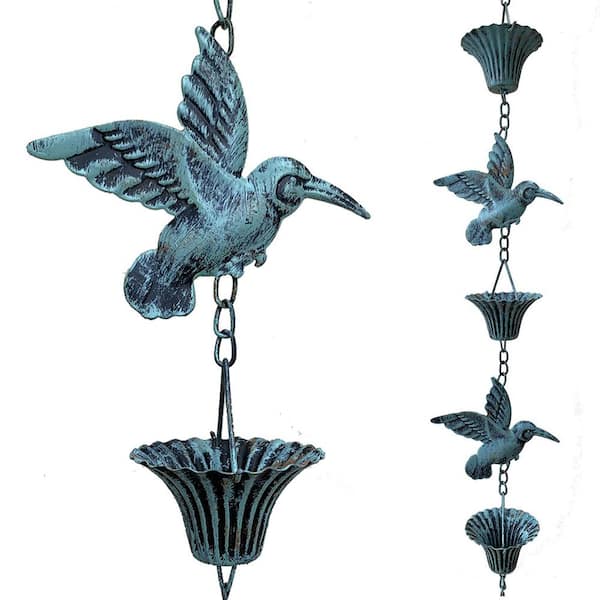 Angel Sar 8.5 ft. Outdoor Metal Hummingbird and Cup Rain Chains for Gutters, Functional Replacement for Downspout, Antique Blue
