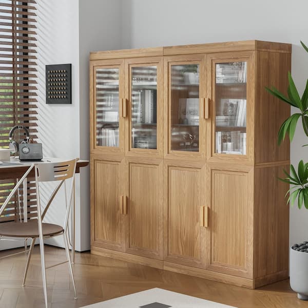 62 in. Tall 62 in. W Natural Wood 8-Shelf Standard Bookcase with Adjustable Interior Shelves, Glass Doors Storage