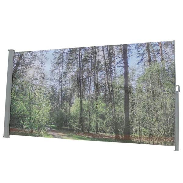 5.9 ft. x 11.5 ft. Gray PVC Mesh Fabric Privacy Fence Retractable Side Awning Screen w/UV Forest printing for Garden