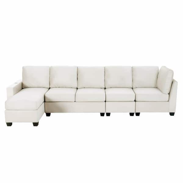 Harper & Bright Designs 138 in. W Square Arm Free Combination Soft Velvet Modern L Shape Sectional Sofa in Cream with USB Charging Ports