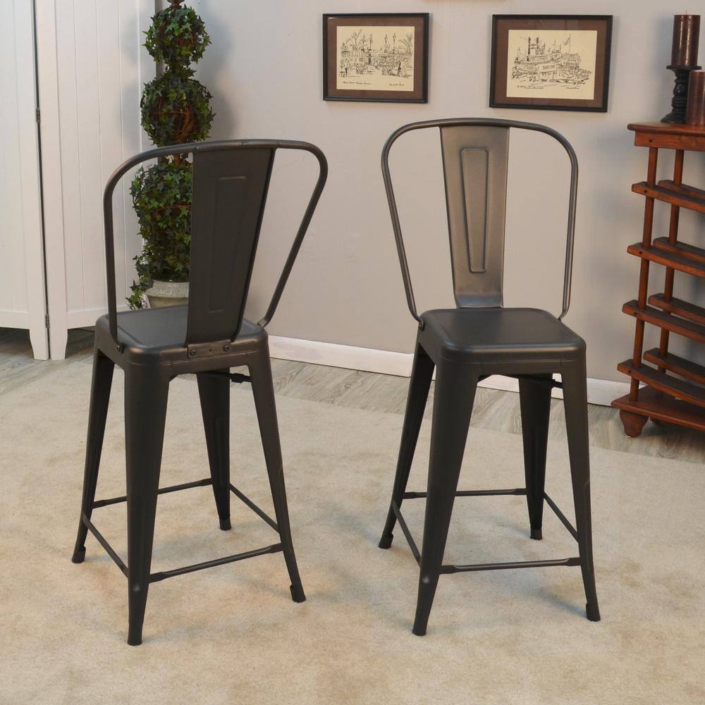 Set of 2 Rustic Pewter Counter Stools with Metal Frame