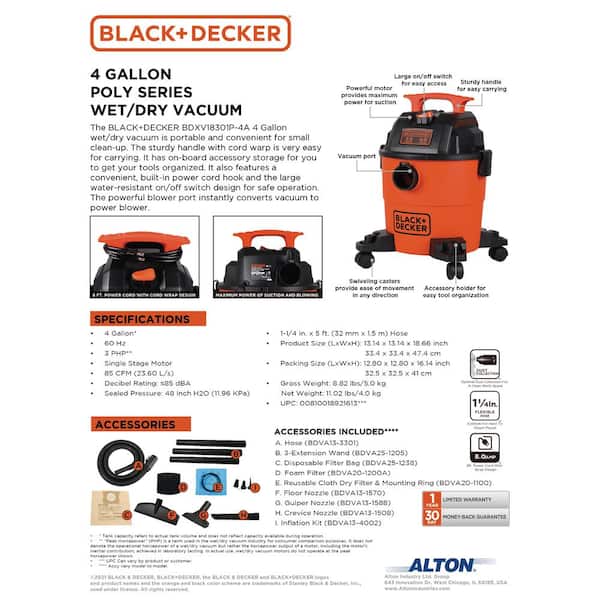 BLACK+DECKER 4 Gallon Poly Series Wet/Dry Vacuum 