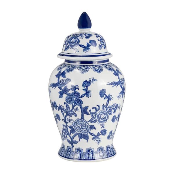 Liv & Skye 18 in. White and Blue Chinoiserie Floral Temple Jar