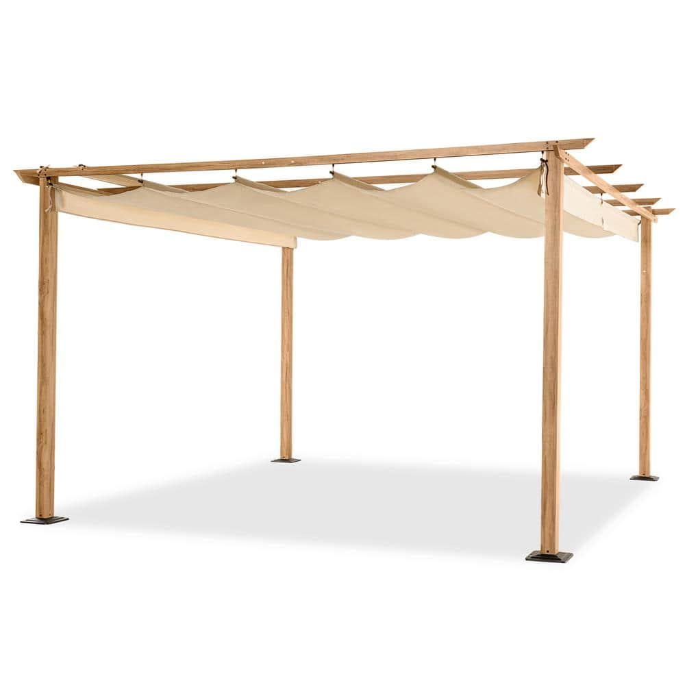 Egeiroslife 12 Ft X 12 Ft Wood Grain Aluminum Outdoor Pergola With Beige Retractable Shade