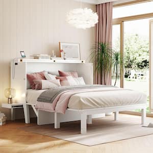 White Wood Frame Queen Size Murphy Bed with Built-in Charging Station, Removable Bedside Shelves, Chest with Desktop