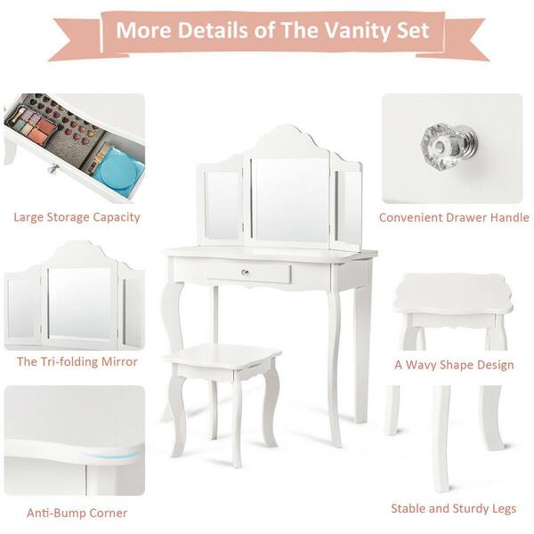 FORCLOVER White Makeup Vanity Set with Tri-folding Mirror and