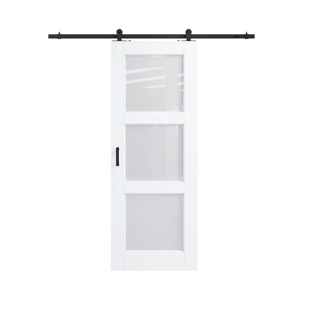 32 in. x 80 in. 3 Lite Frosted Glass White Primed MDF Top Mount Sliding Barn Door with Hardware Kit (T Shape Hanger) price history on PriceWatchPro