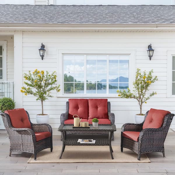 Carlos Brown 4-Piece Wicker Patio Conversation Set with Armchairs, CushionGuard Red Cushions