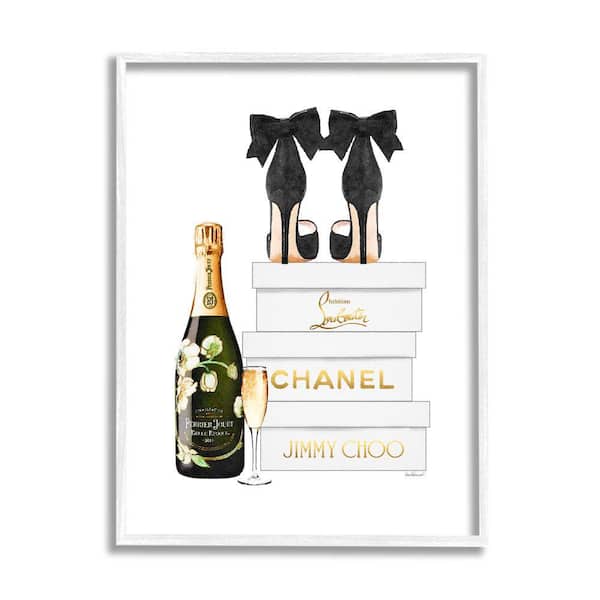 "Champagne Bubbly Black Heel Glam Shoe Boxes" by Amanda Greenwood Framed Print Abstract Texturized Art 24 in. x 30 in.