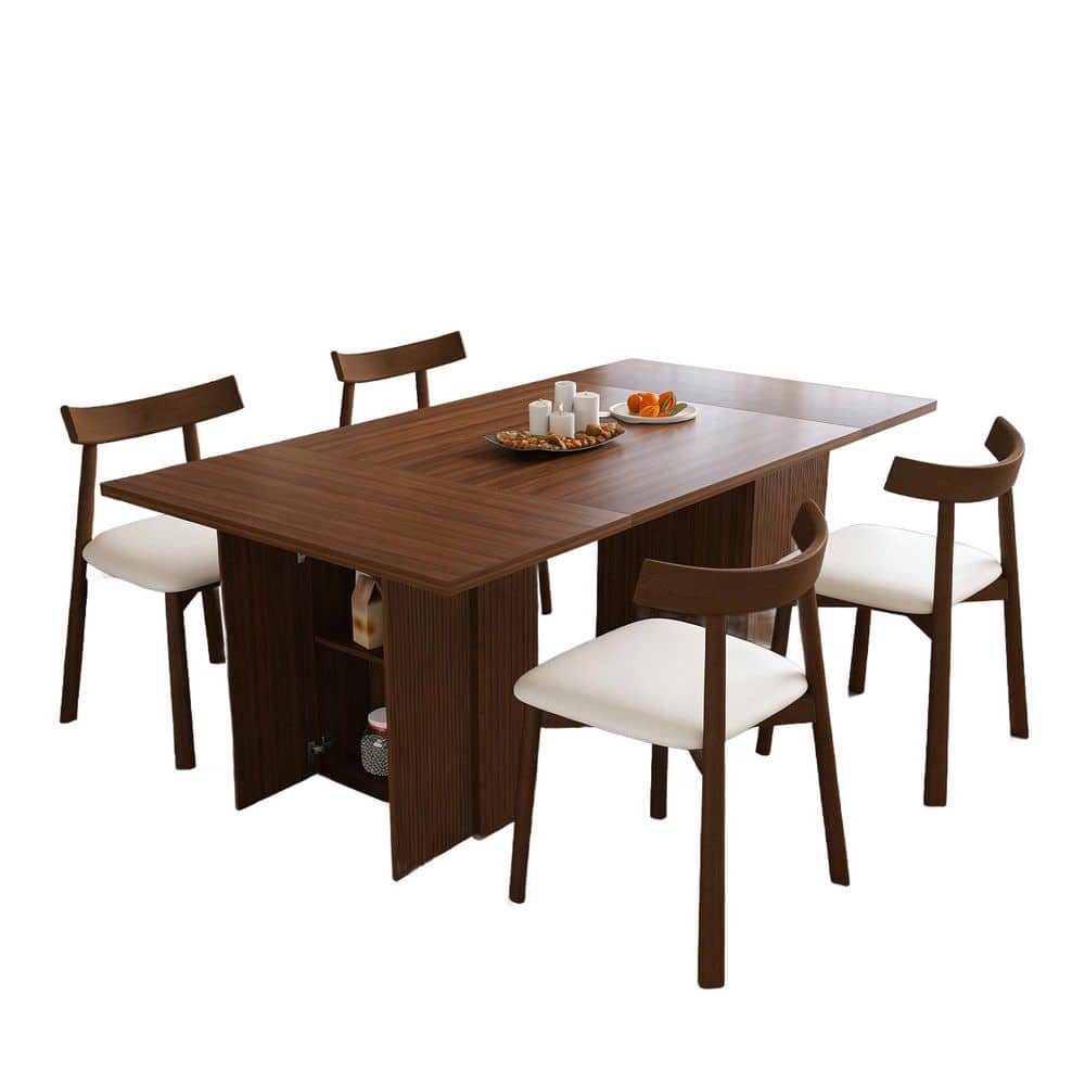 Florent Modern 5-Piece Walnut MDF Wood Top Dining Table Set with PU Upholstered Chairs, Storage Base, Seats 4