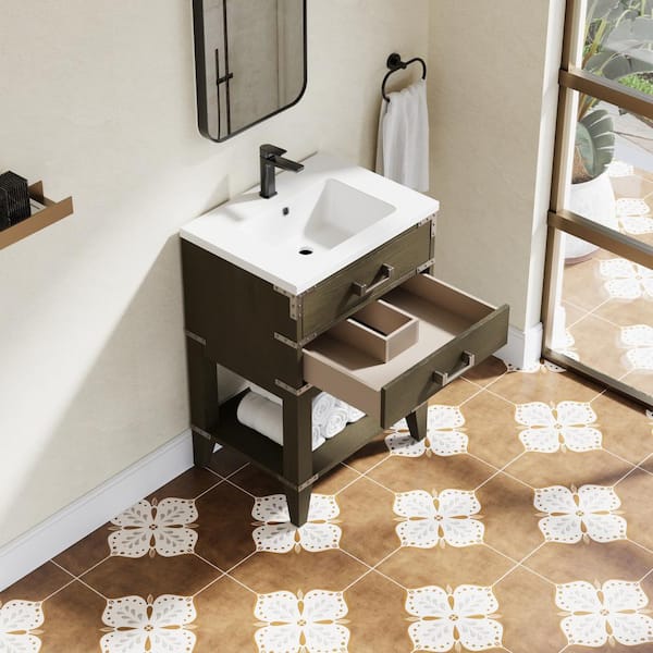 Norlvn 24 in. Single Sink Freestanding Gray Bath Vanity with White Resin Top Assembled Solid Wood Vanity