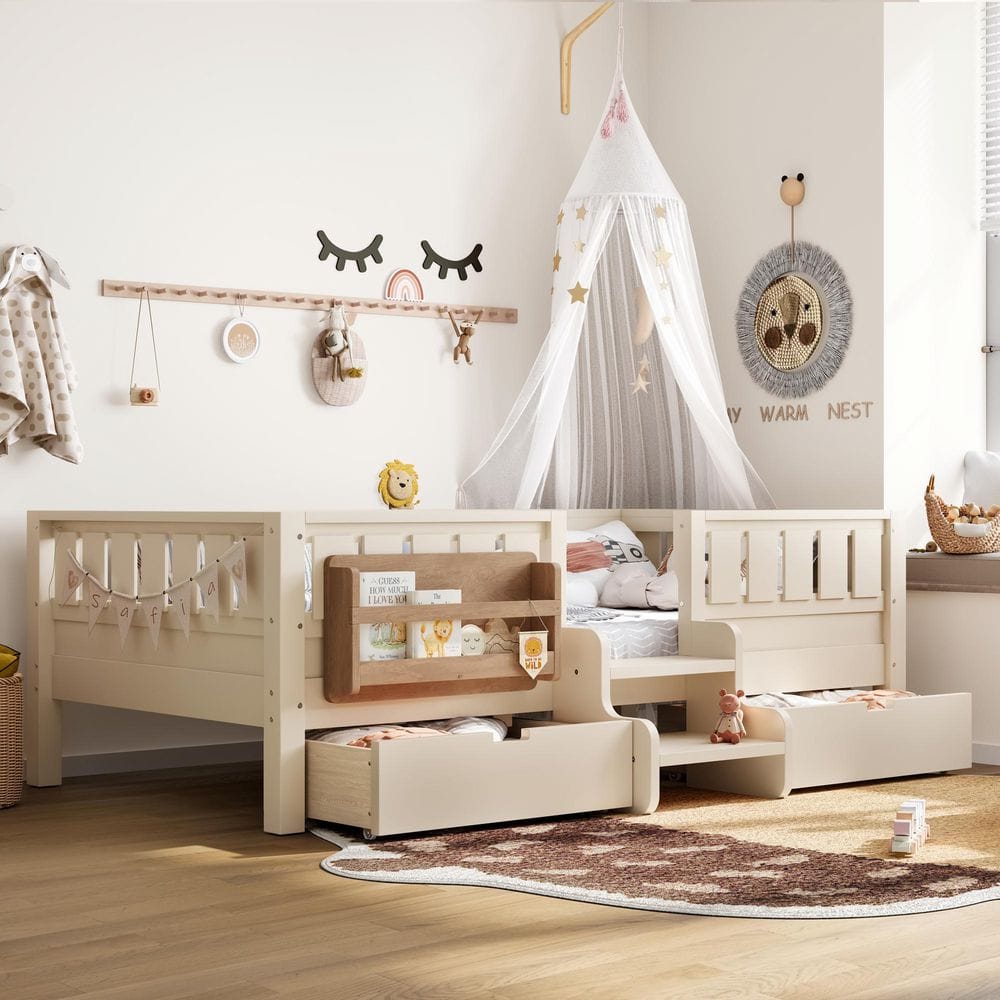 Beige Pine Wood Frame Full Platform Bed with Safety Rails, Built-in Bookshelves and Storage Drawers