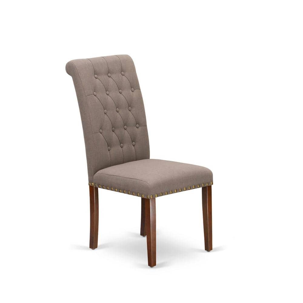Three-quarter front view of a brown linen Parson dining chair.