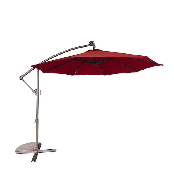 Boyel Living 10 ft. Outdoor Cantilever Hanging Patio Umbrella Waterproof and UV Resistant with Solar LED in Burgundy