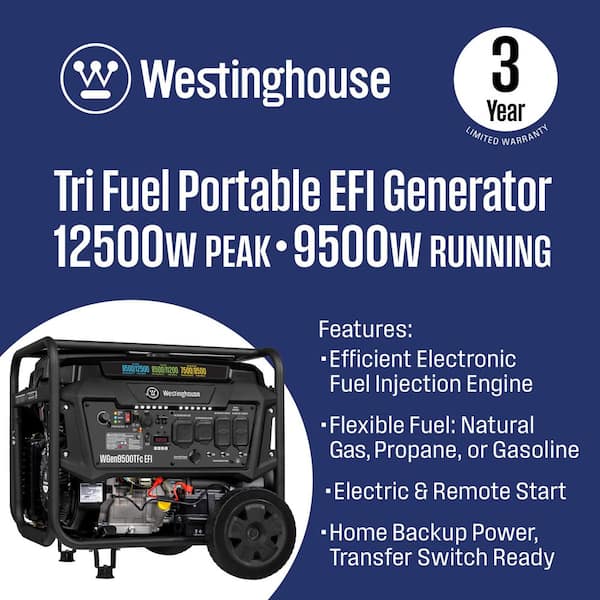 12,500/9,500-Watt Tri-Fuel Gas, Propane, Natural Gas Powered EFI Portable Generator, Remote Electric Start, 50A Outlet