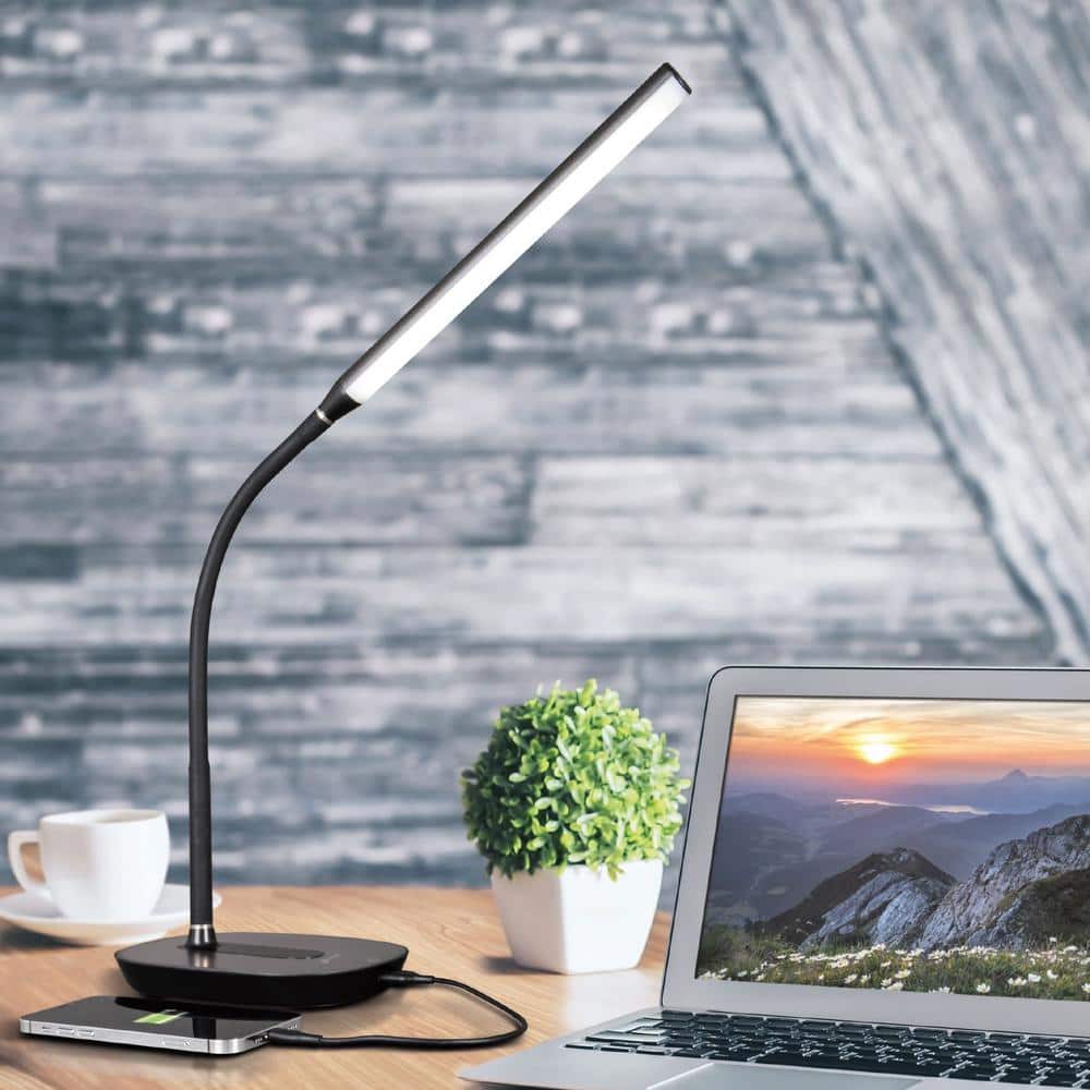 Black Adjustable LED Desk Lamp with Touch Sensor and USB Charging